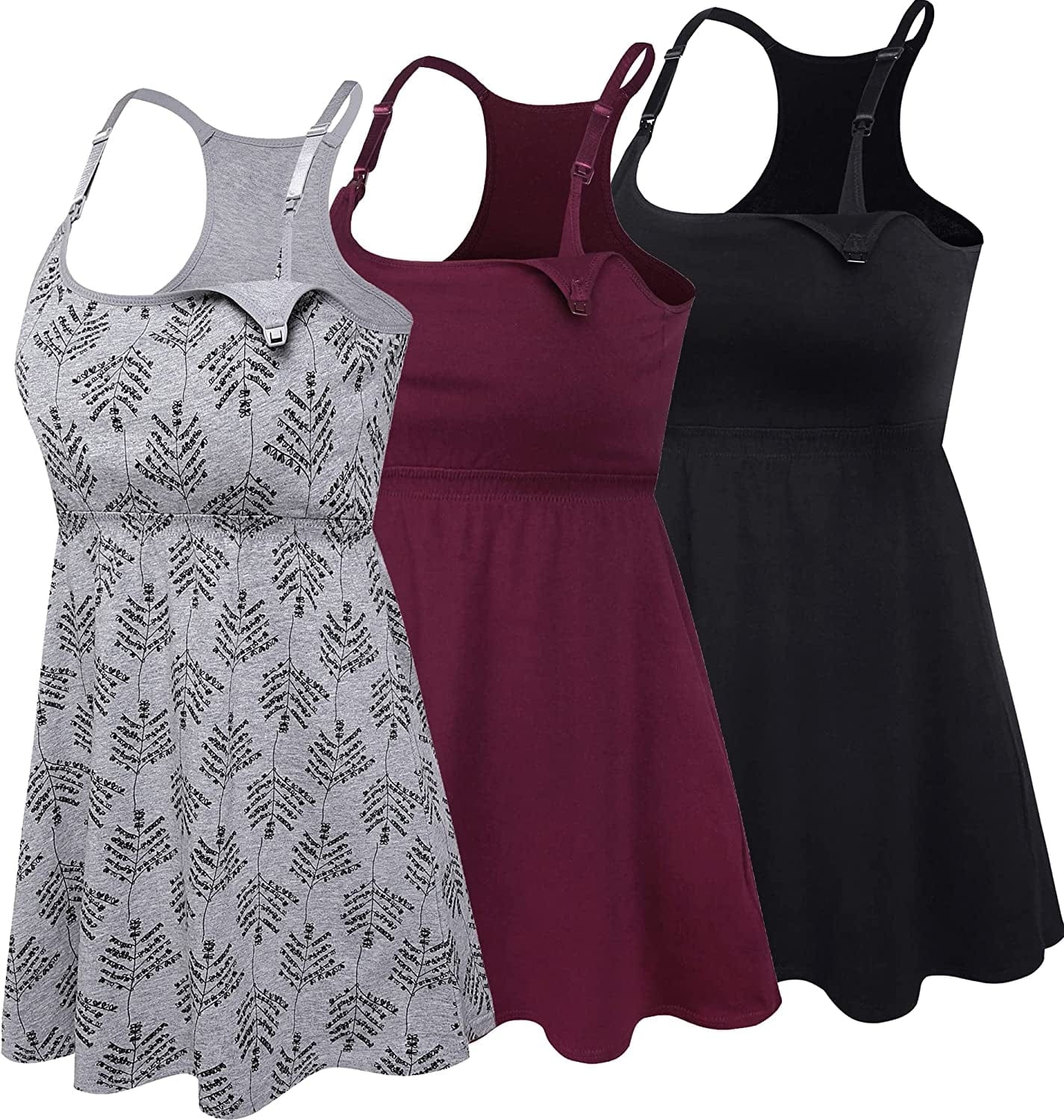Cotton Nursing Tank Tops Maternity Cami with Shelf Bra Breastfeeding Shirts Pregnancy Clothes Black+burgundy+grey Print 3pack / Small