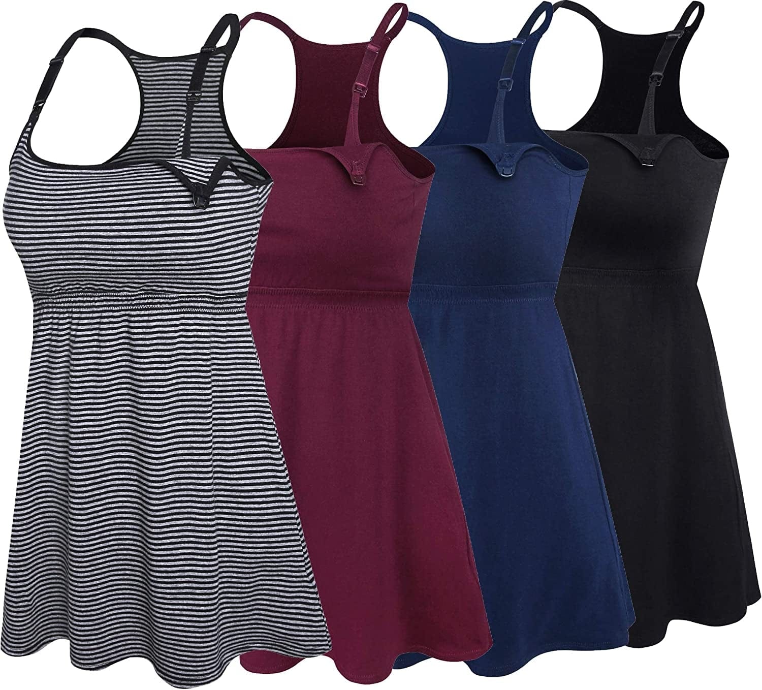 Cotton Nursing Tank Tops Maternity Cami with Shelf Bra Breastfeeding Shirts Pregnancy Clothes Stripe+navy+burgundy+black 4pack / Medium
