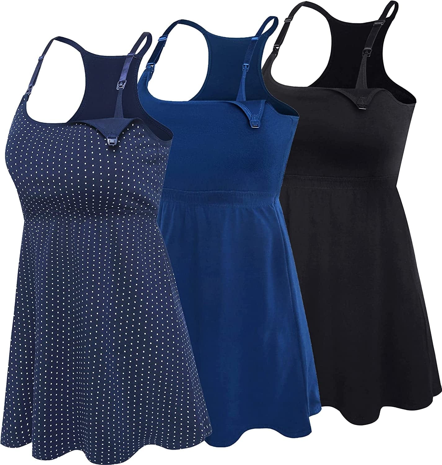 Cotton Nursing Tank Tops Maternity Cami with Shelf Bra Breastfeeding Shirts Pregnancy Clothes Black+navy Dot+atrovirens 3pack / Medium