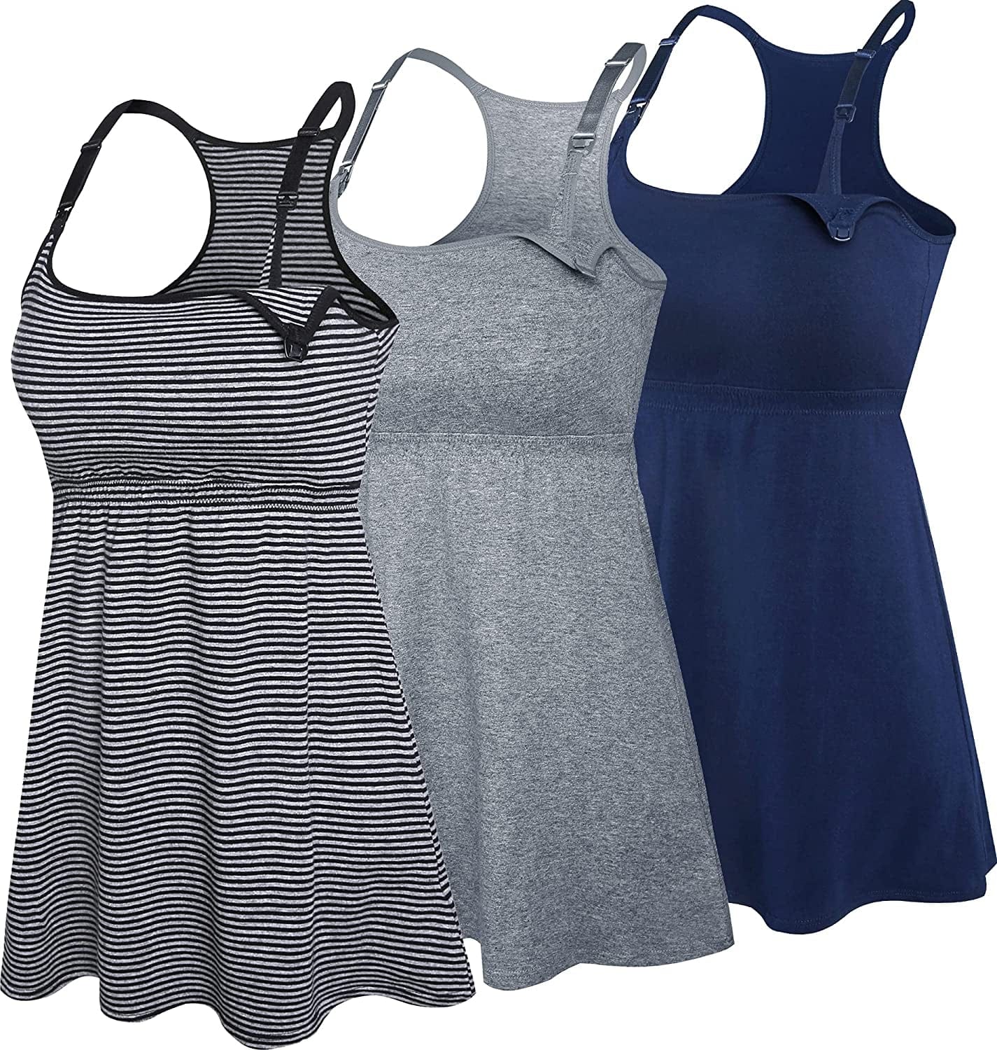 Cotton Nursing Tank Tops Maternity Cami with Shelf Bra Breastfeeding Shirts Pregnancy Clothes Navy+charcoal+stripe 3pack / Large