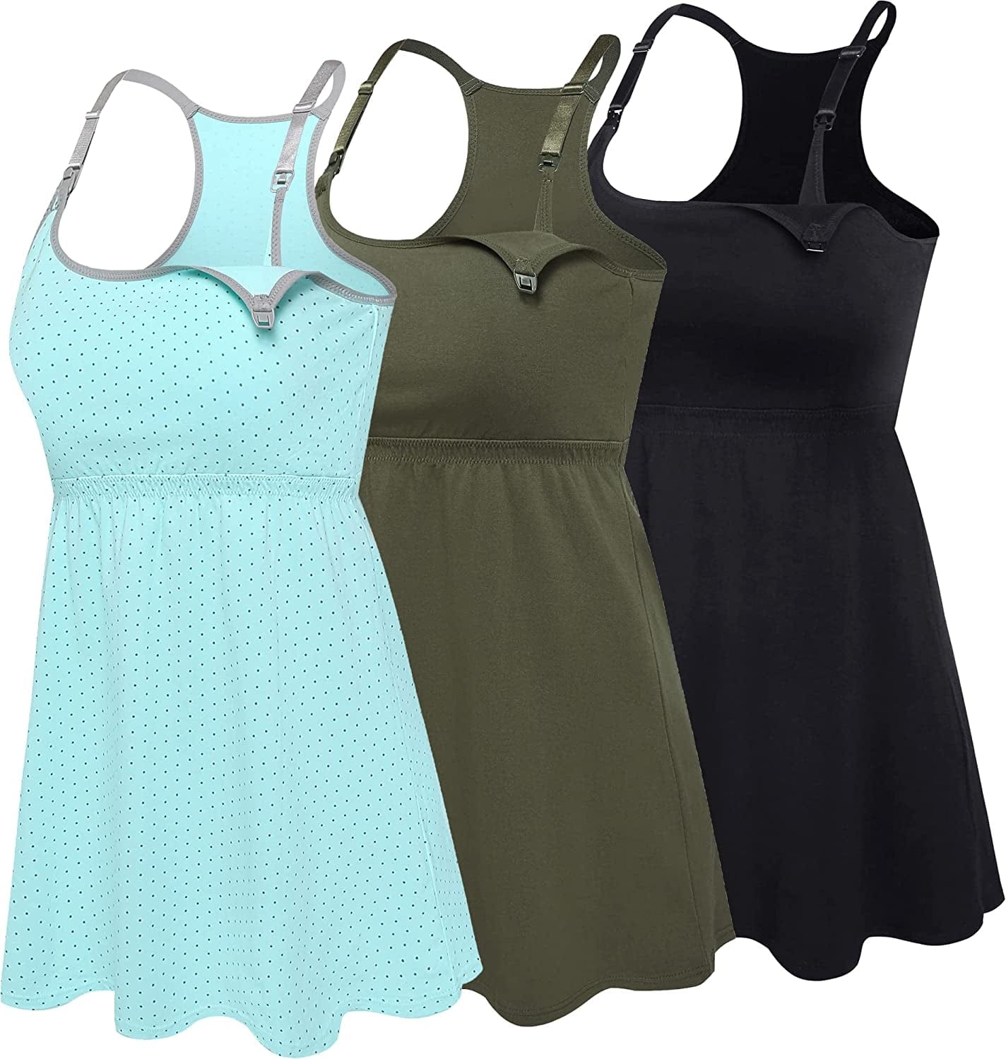 Cotton Nursing Tank Tops Maternity Cami with Shelf Bra Breastfeeding Shirts Pregnancy Clothes Black+mint Green Dot+army Green 3pack / Medium