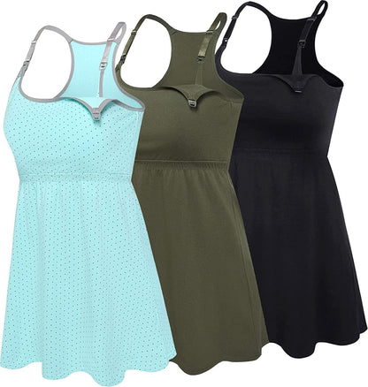 Cotton Nursing Tank Tops Maternity Cami with Shelf Bra Breastfeeding Shirts Pregnancy Clothes Black+mint Green Dot+army Green 3pack / Medium