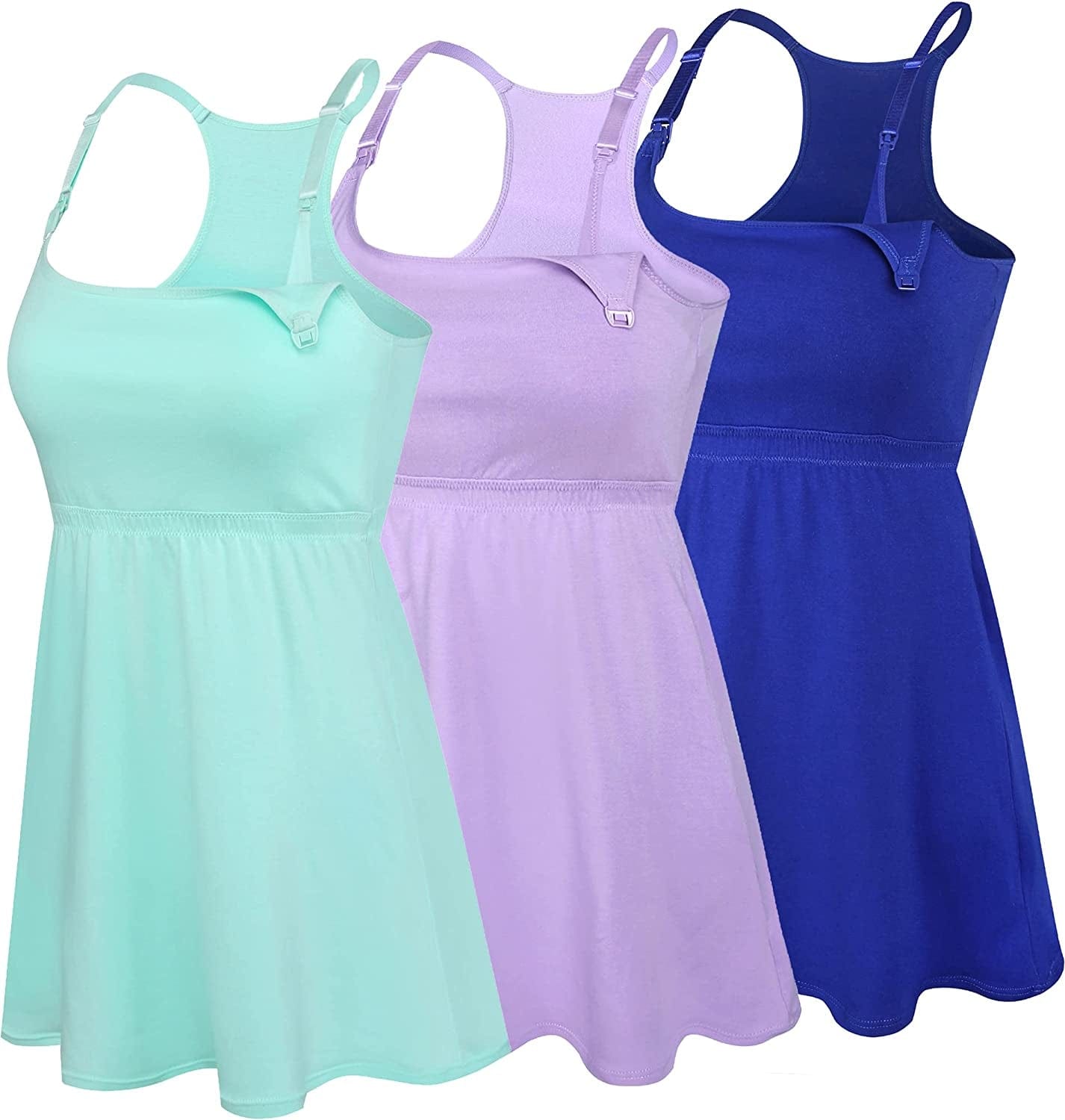Cotton Nursing Tank Tops Maternity Cami with Shelf Bra Breastfeeding Shirts Pregnancy Clothes Royal Blue+purple+light Green 3pack / Small