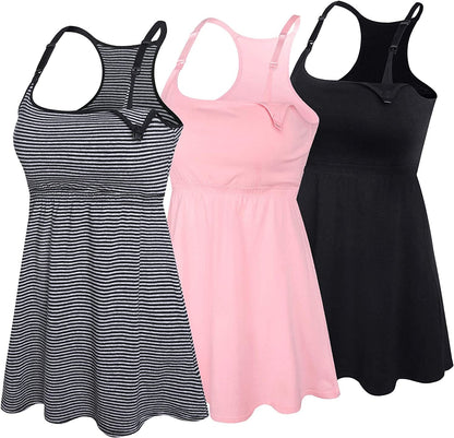 Cotton Nursing Tank Tops Maternity Cami with Shelf Bra Breastfeeding Shirts Pregnancy Clothes Black+stripe+pink 3pack / Large