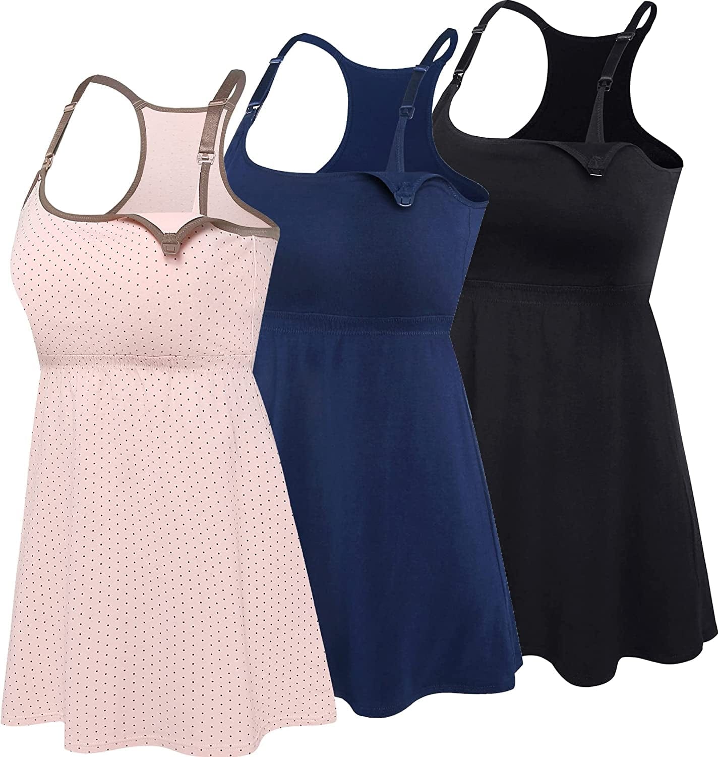 Cotton Nursing Tank Tops Maternity Cami with Shelf Bra Breastfeeding Shirts Pregnancy Clothes Black+pink Dot+navy 3pack / Small