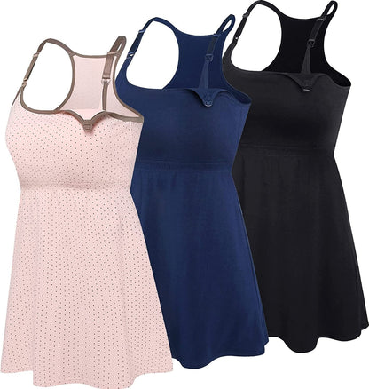 Cotton Nursing Tank Tops Maternity Cami with Shelf Bra Breastfeeding Shirts Pregnancy Clothes Black+pink Dot+navy 3pack / Small