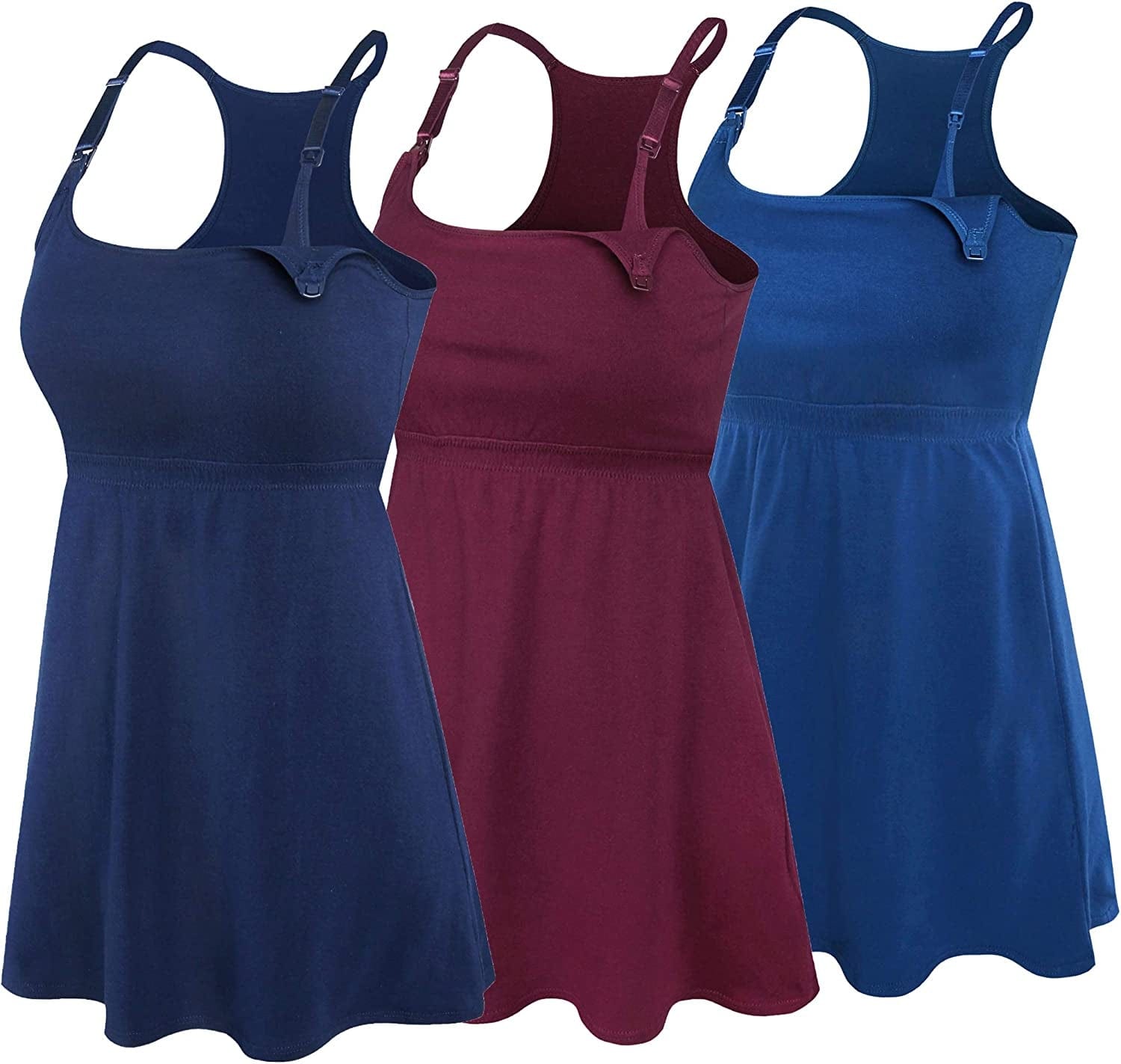 Cotton Nursing Tank Tops Maternity Cami with Shelf Bra Breastfeeding Shirts Pregnancy Clothes Burgundy+navy+atrovirens 3pack / Medium