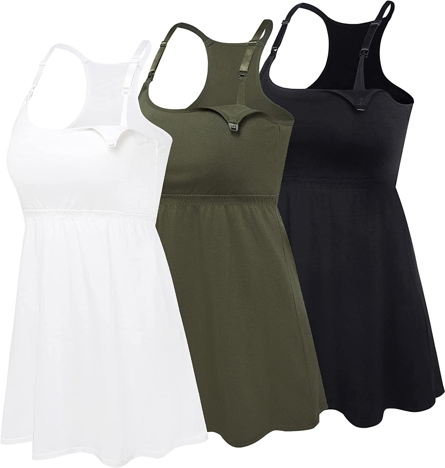 Cotton Nursing Tank Tops Maternity Cami with Shelf Bra Breastfeeding Shirts Pregnancy Clothes Black+white+army Green 3pack / X-Large