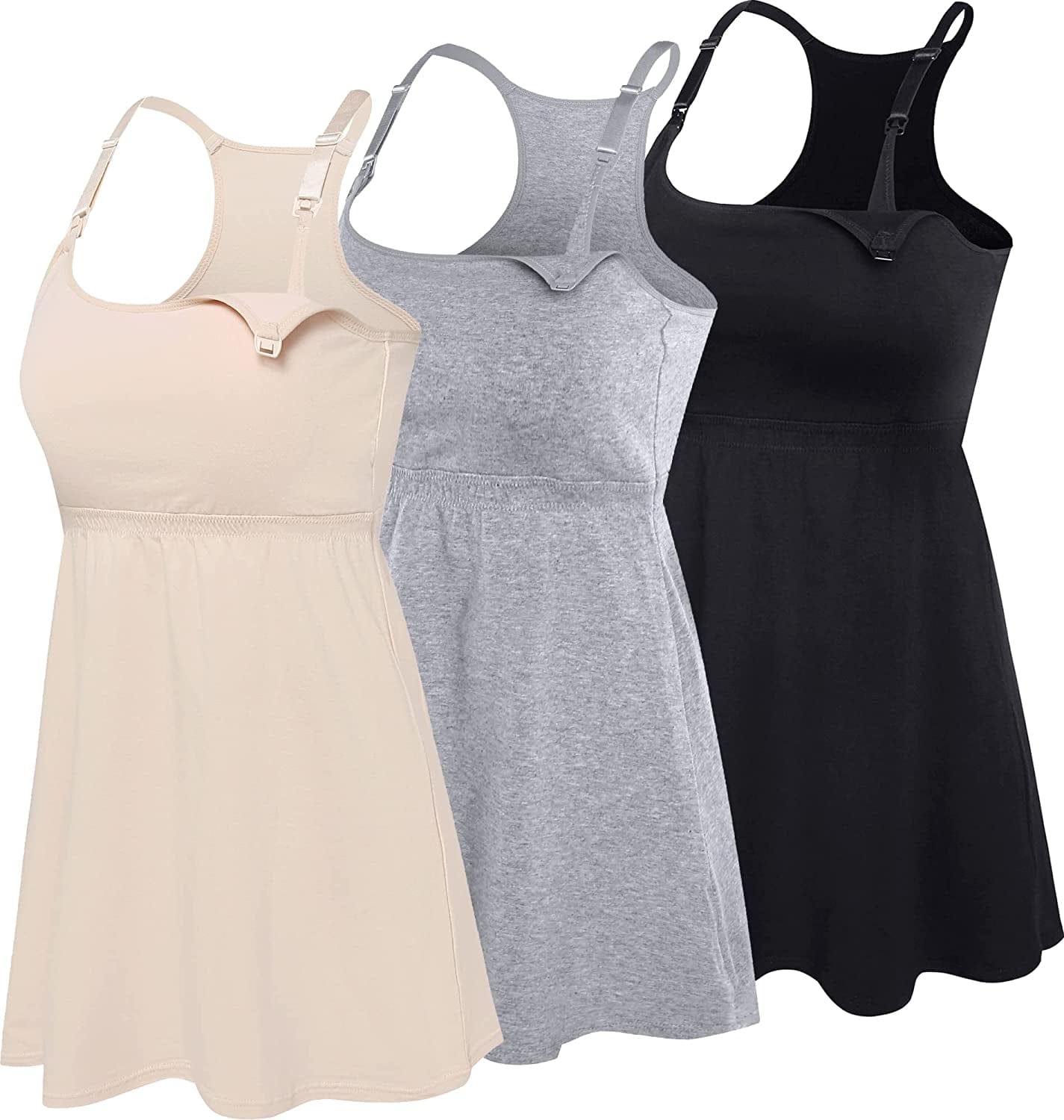 Cotton Nursing Tank Tops Maternity Cami with Shelf Bra Breastfeeding Shirts Pregnancy Clothes Black+grey+nude Color 3pack / Medium