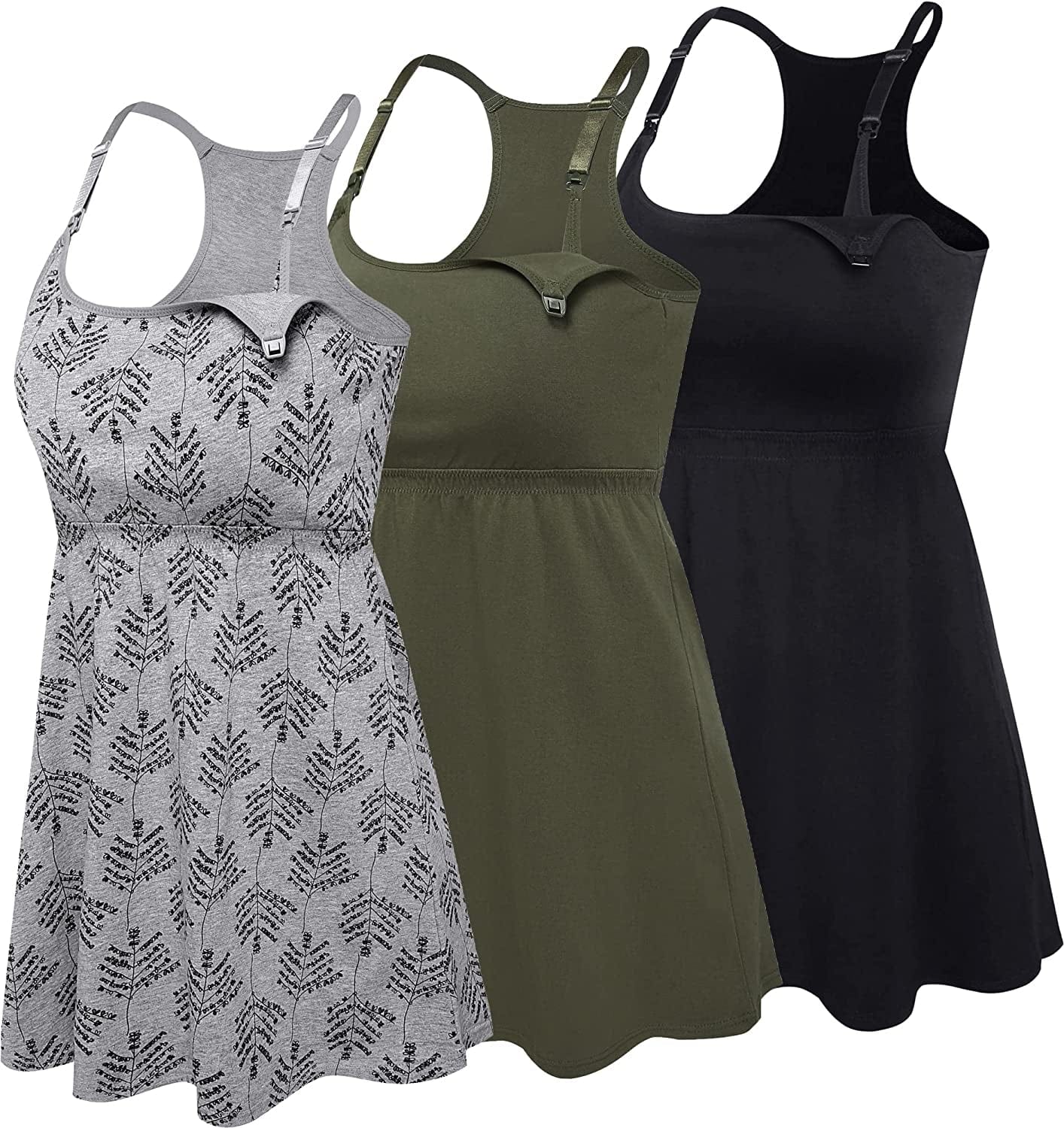Cotton Nursing Tank Tops Maternity Cami with Shelf Bra Breastfeeding Shirts Pregnancy Clothes Black+grey Print+army Green 3pack / Small