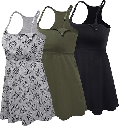 Cotton Nursing Tank Tops Maternity Cami with Shelf Bra Breastfeeding Shirts Pregnancy Clothes Black+grey Print+army Green 3pack / Small