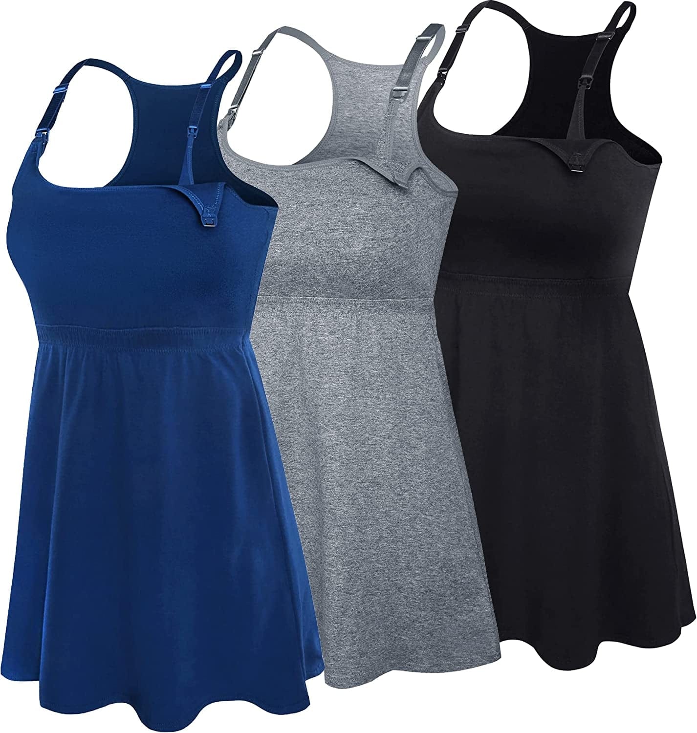 Cotton Nursing Tank Tops Maternity Cami with Shelf Bra Breastfeeding Shirts Pregnancy Clothes Black+charcoal+atrovirens 3pack / Small