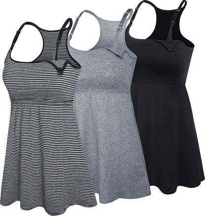 Cotton Nursing Tank Tops Maternity Cami with Shelf Bra Breastfeeding Shirts Pregnancy Clothes Black+charcoal+stripe 3pack / Large