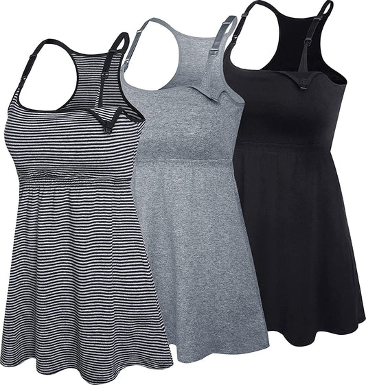 Cotton Nursing Tank Tops Maternity Cami with Shelf Bra Breastfeeding Shirts Pregnancy Clothes Black+charcoal+stripe 3pack / Large