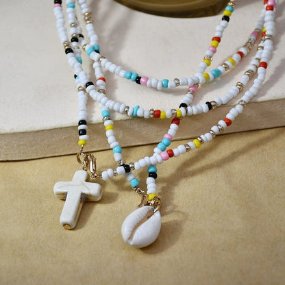 Cowrie Shell Choker Cross Colorful Beads Necklace for Women Long Chain Summer Beach Trendy Bohemian Bib Collier Femme 75Cm