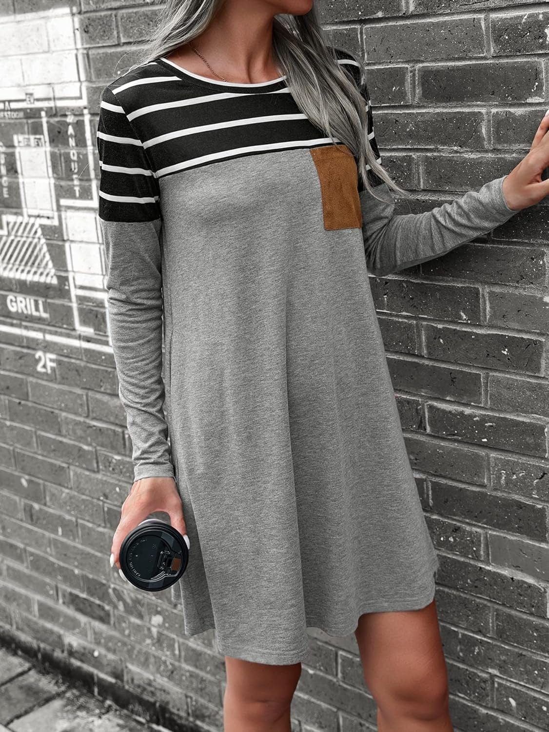 Cozyease Women'S Striped Print Colorblock T Shirt Dress Crewneck Long Sleeve Straight Tee Dresses with Pocket