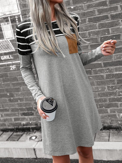 Cozyease Women'S Striped Print Colorblock T Shirt Dress Crewneck Long Sleeve Straight Tee Dresses with Pocket