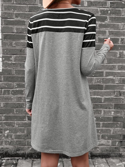 Cozyease Women'S Striped Print Colorblock T Shirt Dress Crewneck Long Sleeve Straight Tee Dresses with Pocket
