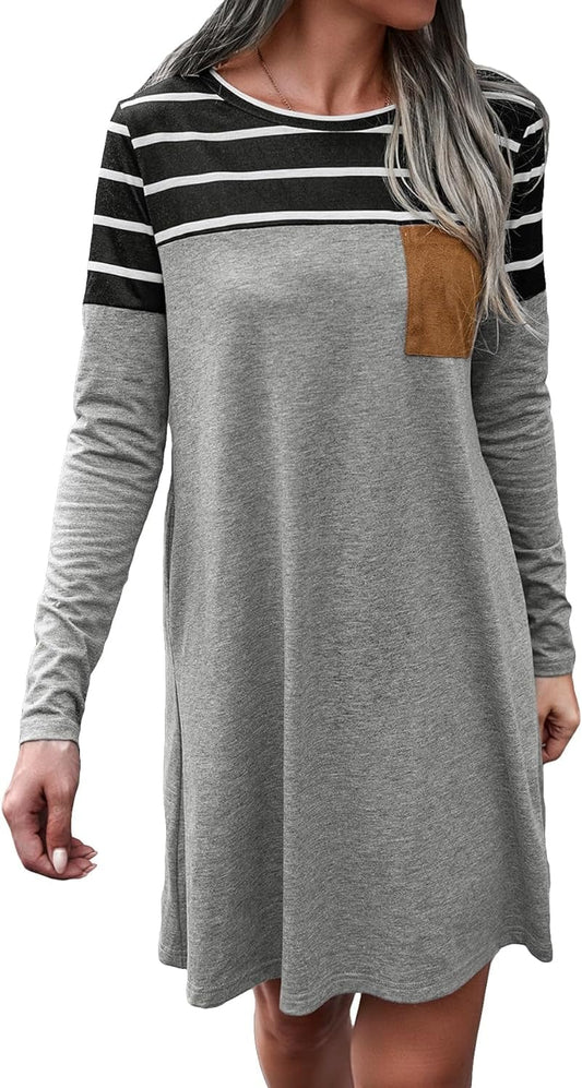Cozyease Women'S Striped Print Colorblock T Shirt Dress Crewneck Long Sleeve Straight Tee Dresses with Pocket