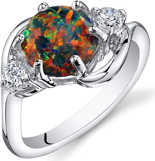 Created Black Fire Opal Ring for Women 925 Sterling Silver, Stunning Three Stone Design, 1.75 Carats round Shape 8Mm, Sizes 5 to 9 6