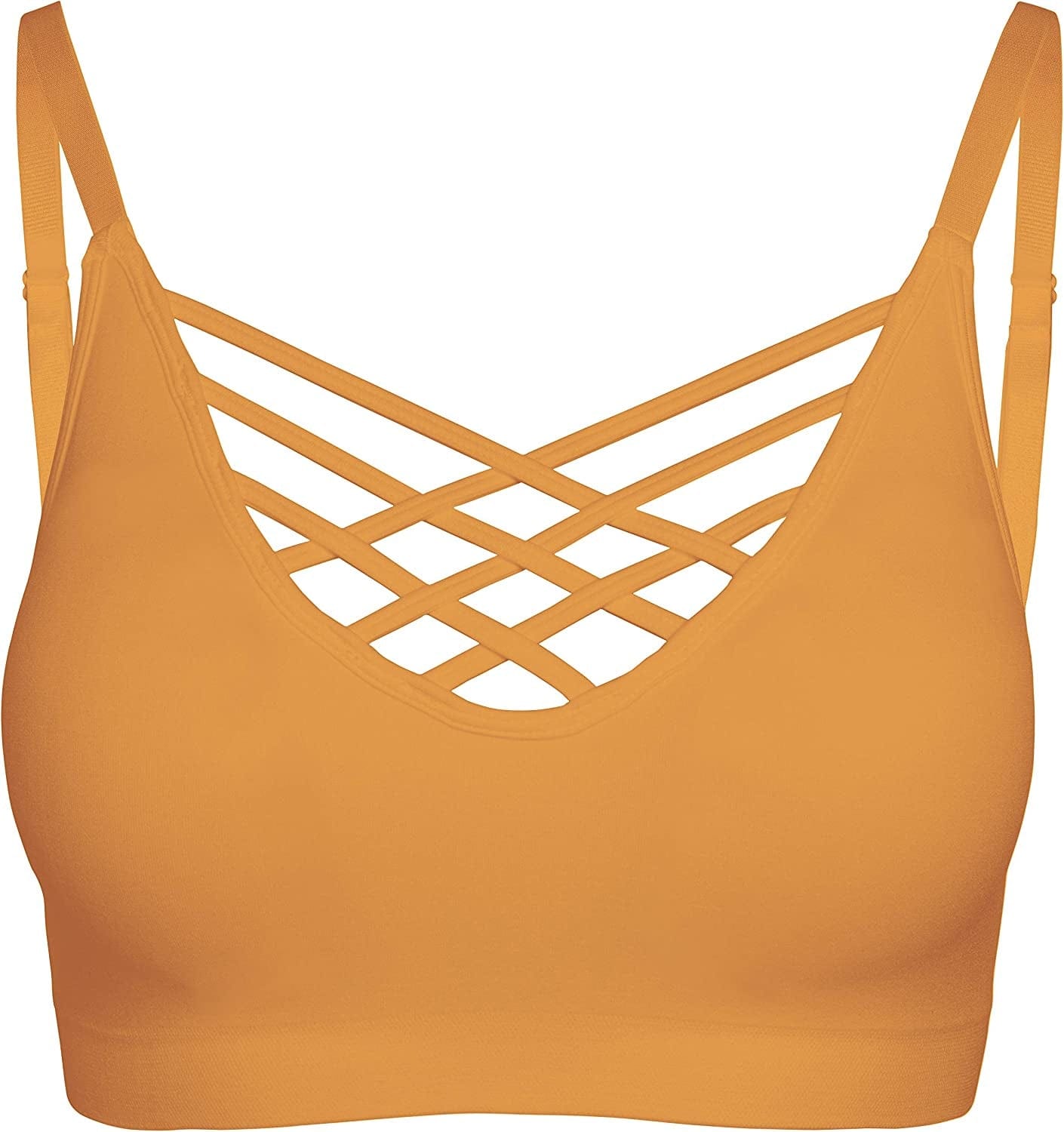 Crisscross Seamless Padded Bralette – Caged Cami Top with Removable Pads Regular to plus Size 009_ashmustard / Large