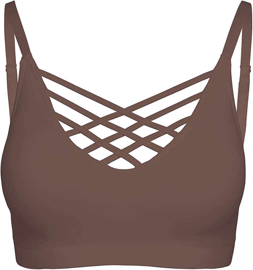 Crisscross Seamless Padded Bralette – Caged Cami Top with Removable Pads Regular to plus Size 009_mocha / Small-Medium