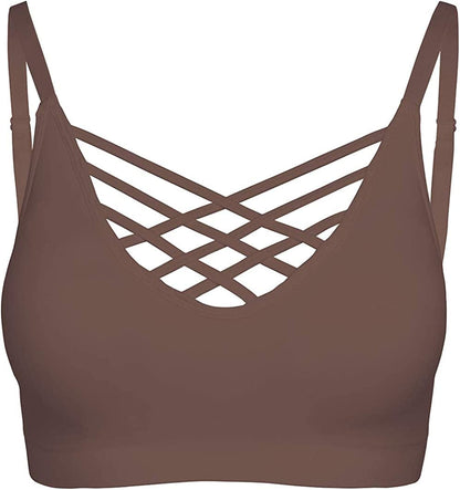 Crisscross Seamless Padded Bralette – Caged Cami Top with Removable Pads Regular to plus Size 009_mocha / Small-Medium