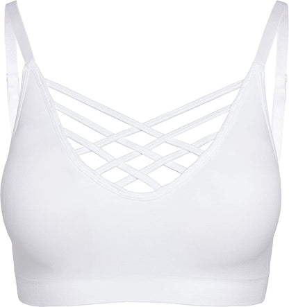 Crisscross Seamless Padded Bralette – Caged Cami Top with Removable Pads Regular to plus Size 009_white / Small-Medium