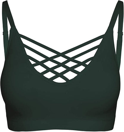 Crisscross Seamless Padded Bralette – Caged Cami Top with Removable Pads Regular to plus Size 009_huntergreen / Small-Medium