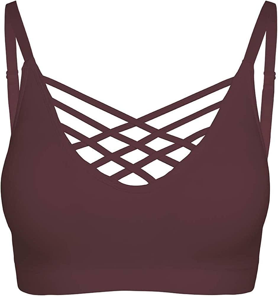 Crisscross Seamless Padded Bralette – Caged Cami Top with Removable Pads Regular to plus Size 009_eggplant / Small-Medium