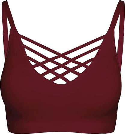 Crisscross Seamless Padded Bralette – Caged Cami Top with Removable Pads Regular to plus Size 009_darkburgundy / Small-Medium