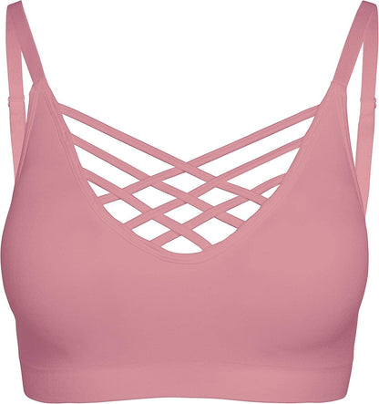 Crisscross Seamless Padded Bralette – Caged Cami Top with Removable Pads Regular to plus Size 0009_dustyrose / Small