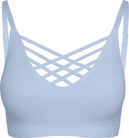 Crisscross Seamless Padded Bralette – Caged Cami Top with Removable Pads Regular to plus Size 009_ashblue / Large