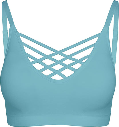 Crisscross Seamless Padded Bralette – Caged Cami Top with Removable Pads Regular to plus Size 009_dustyteal / Large