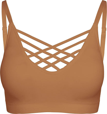 Crisscross Seamless Padded Bralette – Caged Cami Top with Removable Pads Regular to plus Size 009_eggshell / Large-X-Large