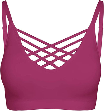 Crisscross Seamless Padded Bralette – Caged Cami Top with Removable Pads Regular to plus Size 009_magenta / Large