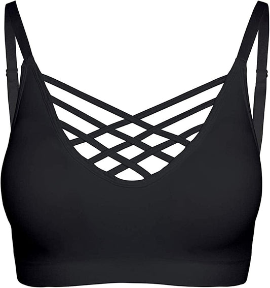 Crisscross Seamless Padded Bralette – Caged Cami Top with Removable Pads Regular to plus Size 009_black / Small-Medium