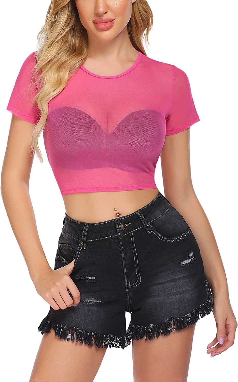 Crop Top for Women Mesh Tee Shirt plus Size Sheer Blouse Long/Short Sleeve S-4XL Rose Red / Large