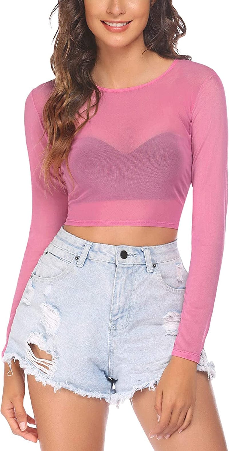Crop Top for Women Mesh Tee Shirt plus Size Sheer Blouse Long/Short Sleeve S-4XL Long Sleeve-rose Pink / 3X-Large