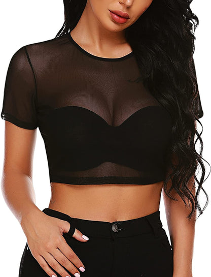Crop Top for Women Mesh Tee Shirt plus Size Sheer Blouse Long/Short Sleeve S-4XL Black / Large