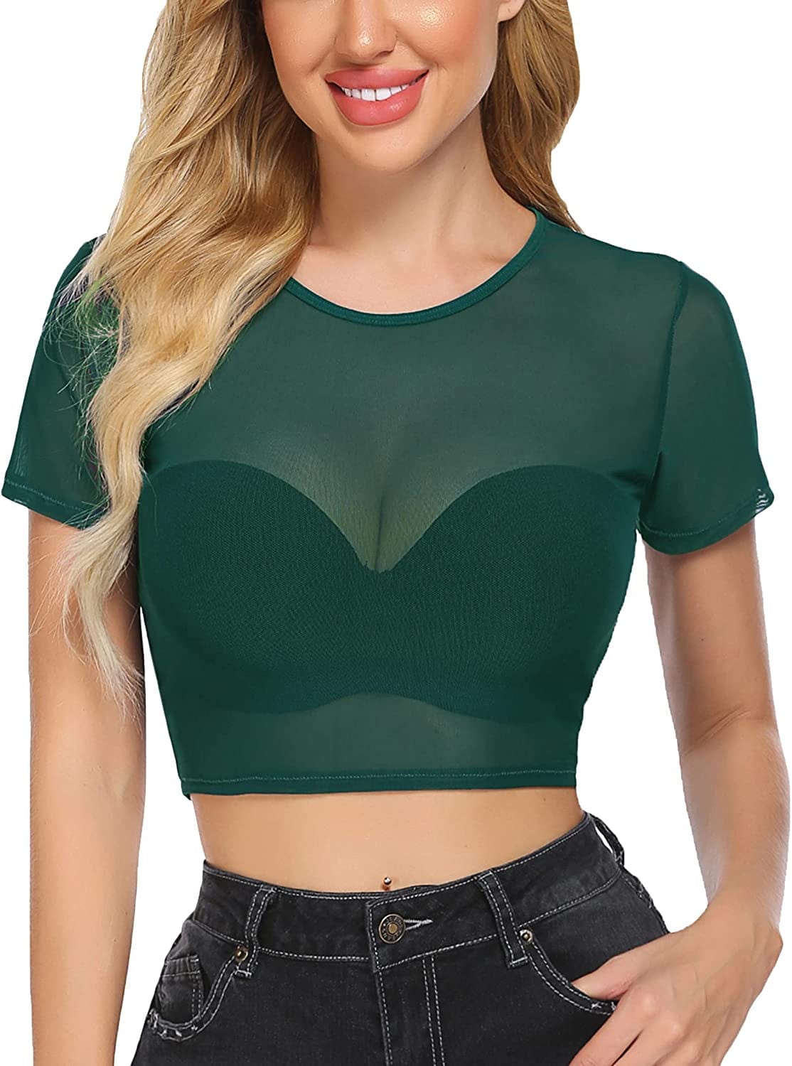 Crop Top for Women Mesh Tee Shirt plus Size Sheer Blouse Long/Short Sleeve S-4XL Green / Small