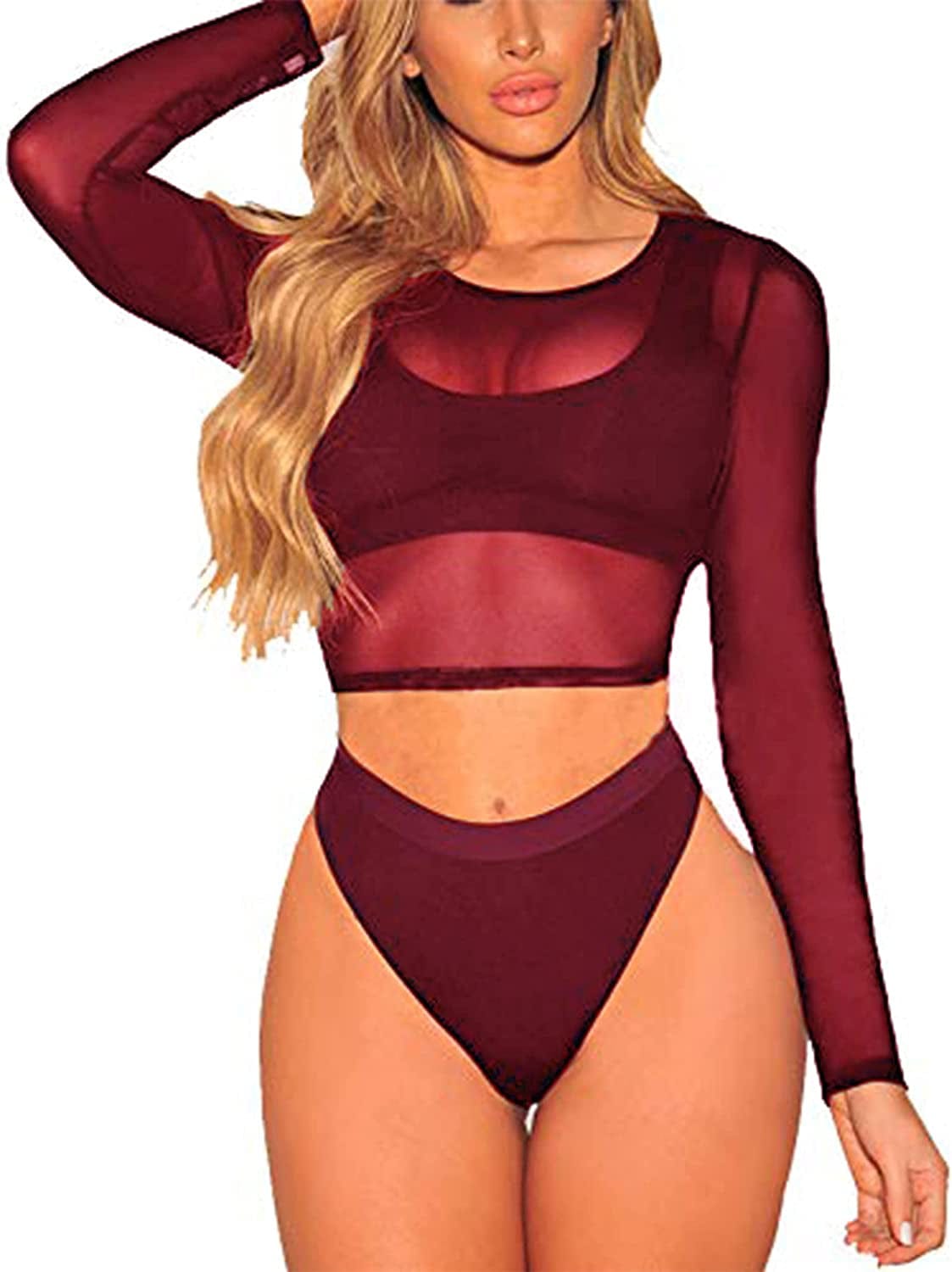 Crop Top for Women Mesh Tee Shirt plus Size Sheer Blouse Long/Short Sleeve S-4XL Long Sleeve-pinkish Red / Large