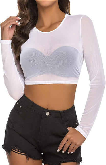 Crop Top for Women Mesh Tee Shirt plus Size Sheer Blouse Long/Short Sleeve S-4XL Long Sleeve-white / Large