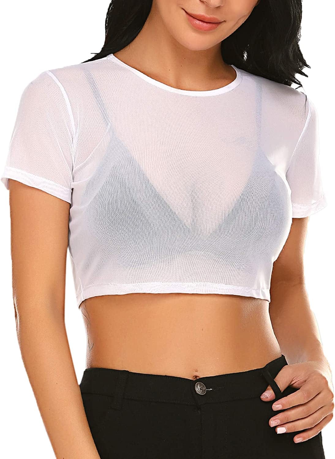 Crop Top for Women Mesh Tee Shirt plus Size Sheer Blouse Long/Short Sleeve S-4XL White / Large