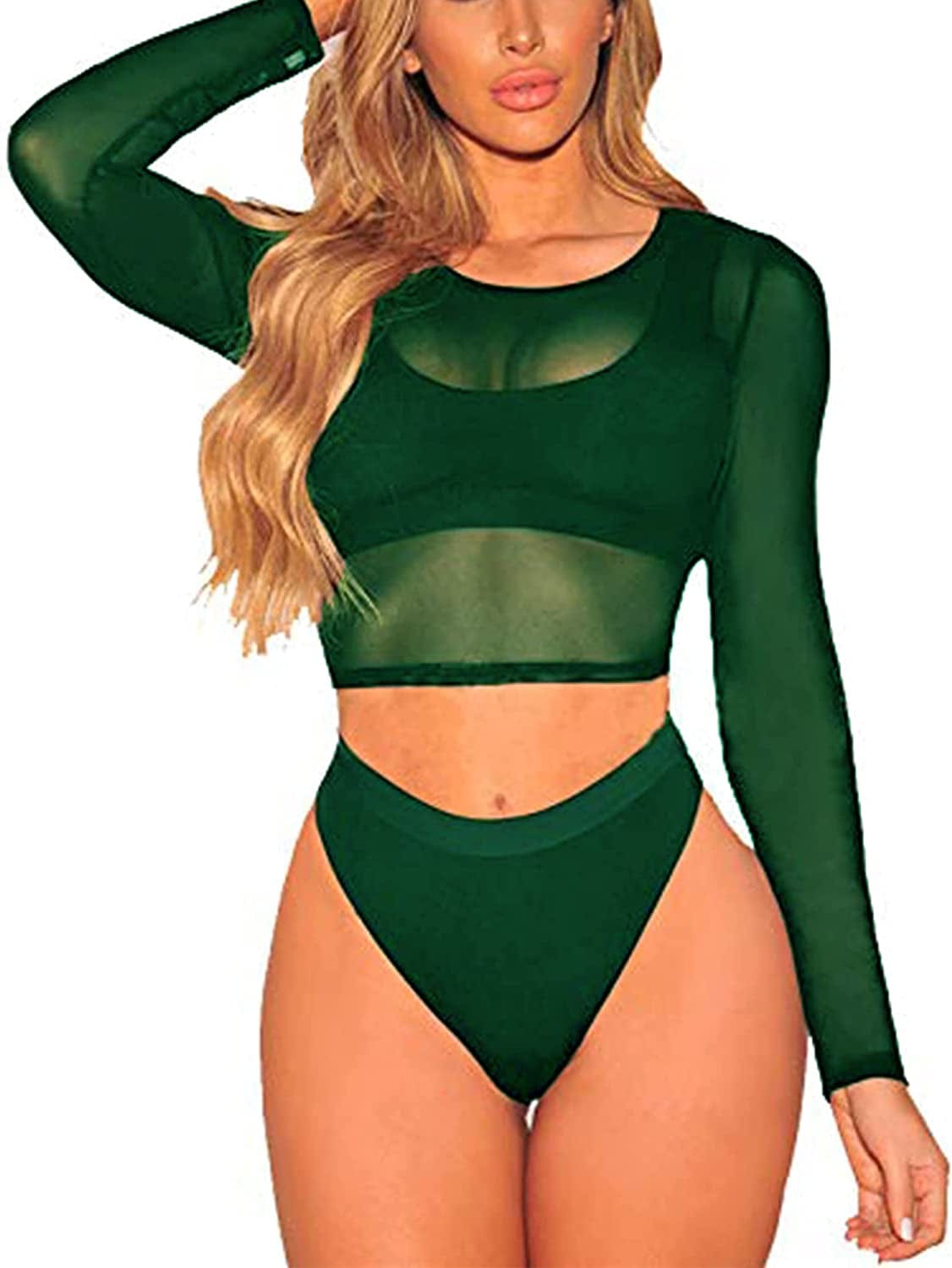 Crop Top for Women Mesh Tee Shirt plus Size Sheer Blouse Long/Short Sleeve S-4XL Long Sleeve-dark Green / Large