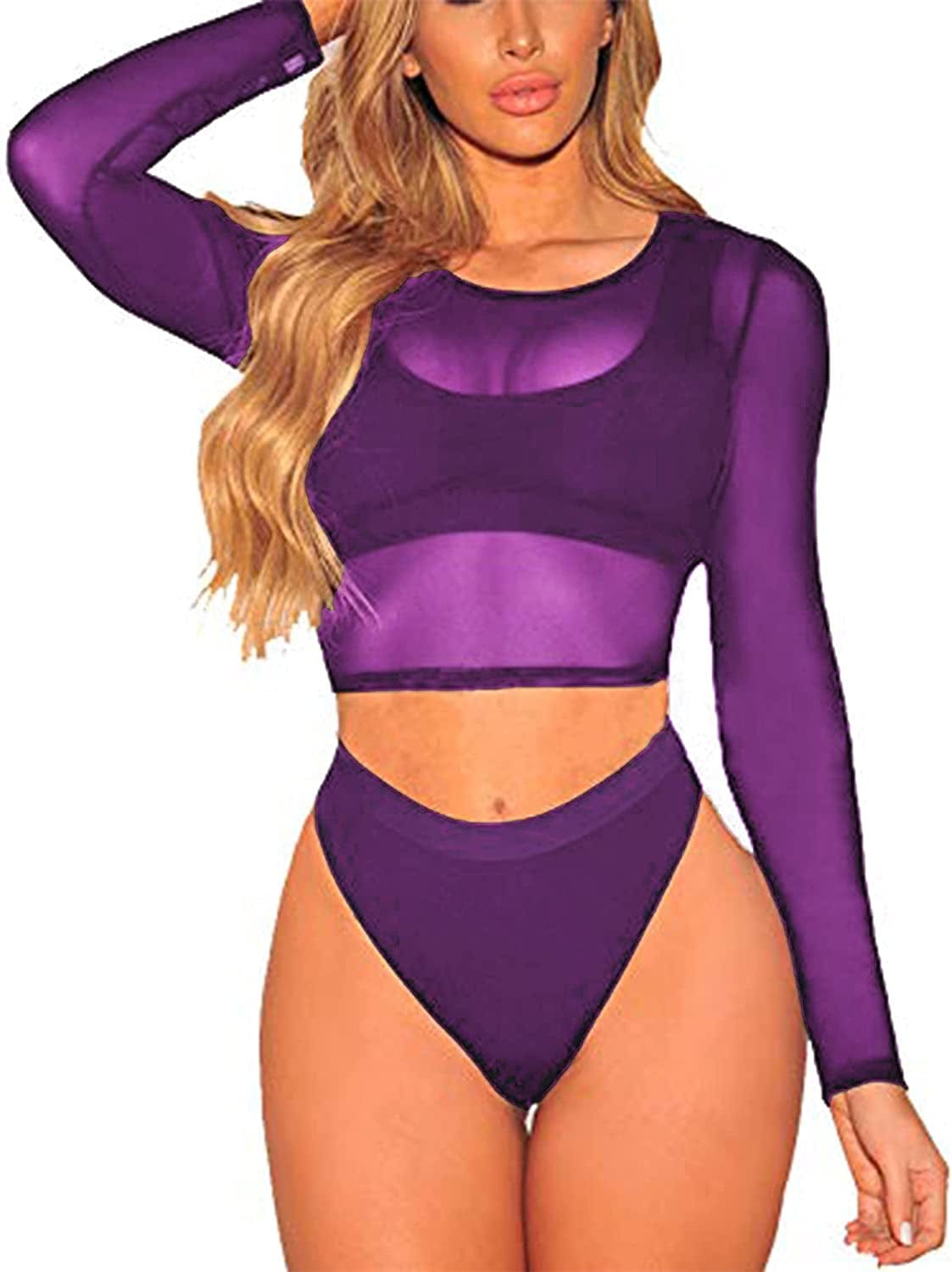 Crop Top for Women Mesh Tee Shirt plus Size Sheer Blouse Long/Short Sleeve S-4XL Long Sleeve-purple / Large