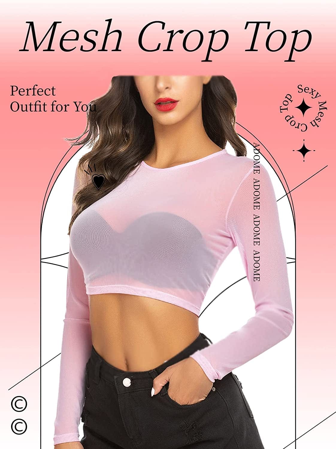 Crop Top for Women Mesh Tee Shirt plus Size Sheer Blouse Long/Short Sleeve S-4XL