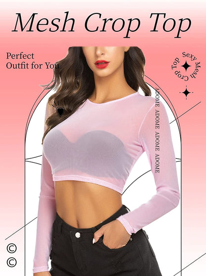 Crop Top for Women Mesh Tee Shirt plus Size Sheer Blouse Long/Short Sleeve S-4XL
