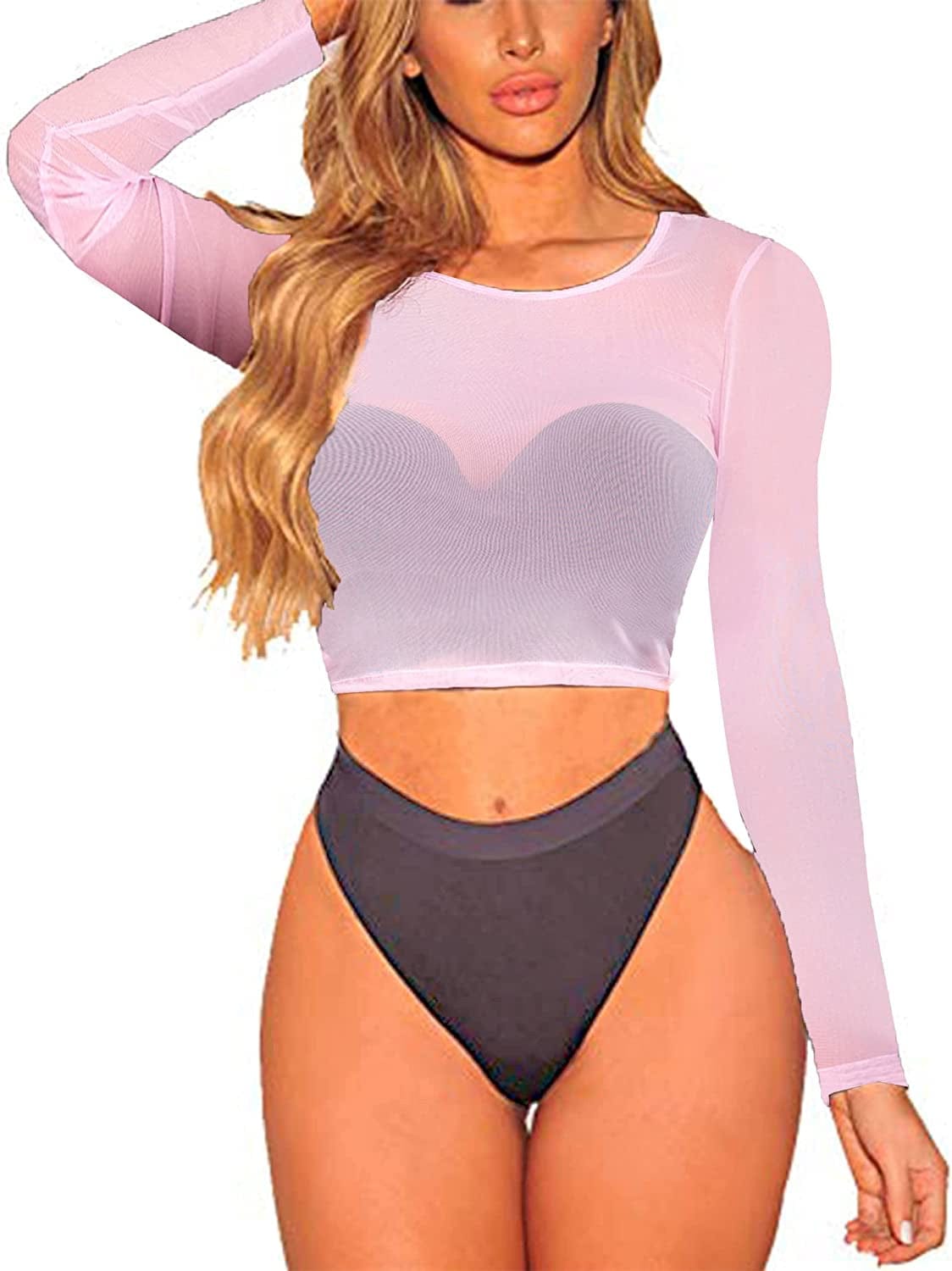 Crop Top for Women Mesh Tee Shirt plus Size Sheer Blouse Long/Short Sleeve S-4XL Long Sleeve-pink / Large