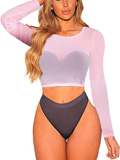 Crop Top for Women Mesh Tee Shirt plus Size Sheer Blouse Long/Short Sleeve S-4XL Long Sleeve-pink / Large